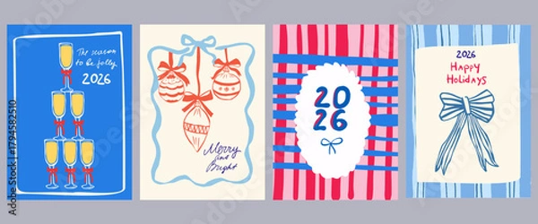 Fototapeta Set of Christmas greeting cards and party invitations in hand drawn vintage style, gifts, la dolce vita,  Christmas tree, candles, bows and champagne in pink, red, green and blue colors, 