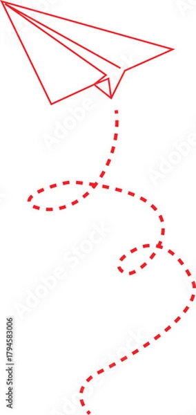Fototapeta vector illustration of a red paper airplane following a dashed flight path