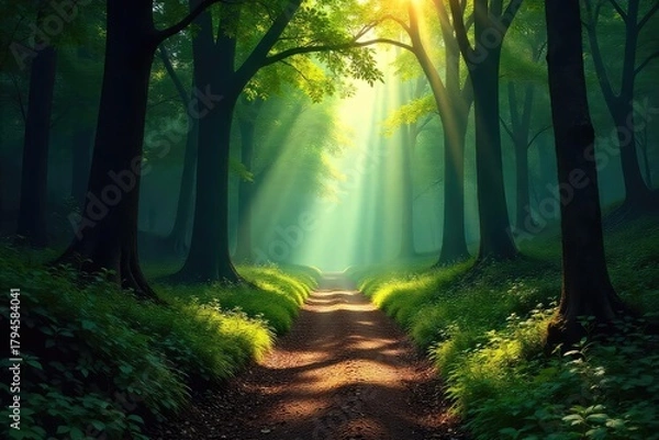 Obraz A lone, winding trail disappears into a dense, mysterious forest, untouched by human presence Sunlight filters through the canopy, illuminating the path ahead , pathway, hiking, serene