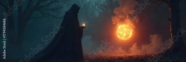 Obraz A mysterious, shadowy figure holding a glowing orb, illuminating a dark space Perfect for fantasy, mystery, or magical themes The scene is atmospheric and evocative , evocative, illumination, unseen