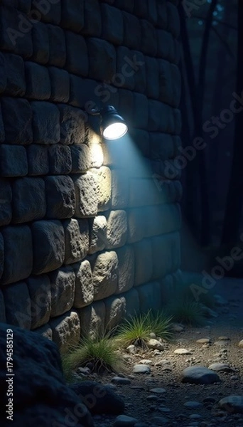 Fototapeta A powerful LED flashlight beam cuts through the darkness, illuminating a textured stone wall Perfect for illustrating concepts of light, safety, exploration, and adventure , strong, dark