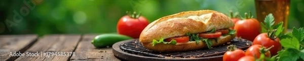 Obraz A rustic wooden picnic table holds a sizzling baguette sandwich on a barbecue grill, surrounded by fresh herbs and vegetables The perfect summer meal , tomatoes, summer