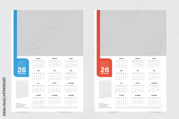 Fototapeta A collection of wall calendar design featuring note sections and text options, perfect for business, travel agencies, and New Year themes. This 2026 calendar set comes in a clean, minimal