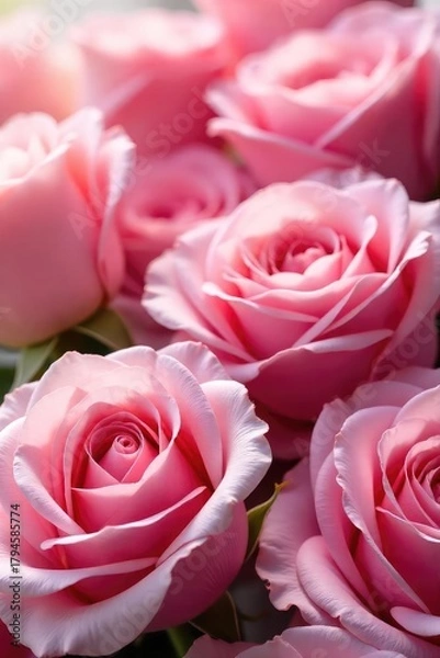 Obraz A serene arrangement of pink roses, petals unfurling in soft light, perfect for relaxation and mindfulness Ideal for meditation, yoga, spa, and wellness themes , flower, detail, wellness