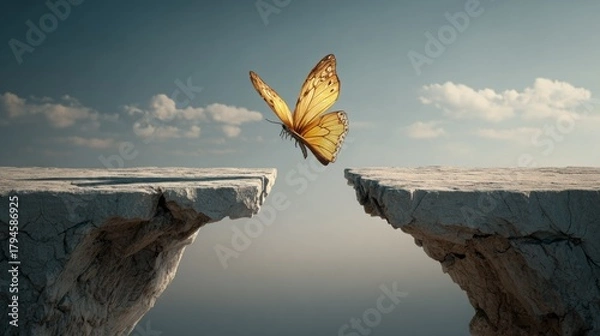 Obraz Butterfly bridging two cliffs, symbolizing opportunity, migration, hope, and transition with 3D elements.