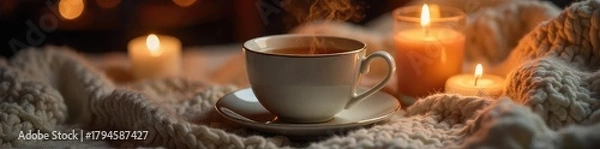 Obraz A steaming cup of tea rests on a warm, cozy knit blanket next to a lit candle, creating a relaxing and comforting atmosphere perfect for unwinding , home, candle, wellness