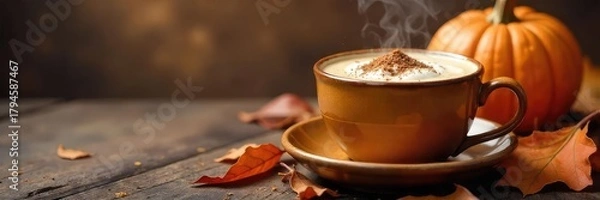 Fototapeta A steaming mug of pumpkin spice latte sits beside a bowl of pumpkin puree and autumn leaves, creating a cozy fall scene , yellow, seasonal drink, holiday