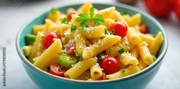 Obraz A vibrant bowl of penne pasta salad overflowing with colorful vegetables, cheese, and a creamy dressing Perfect for potlucks, picnics, or a light lunch , garden vegetables, basil, appetizing