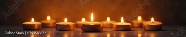 Obraz A warm and inviting scene featuring several candles burning brightly, casting a soft, flickering candlelight glow Perfect for relaxation, spa, or home decor themes , details, atmosphere, aromatherapy