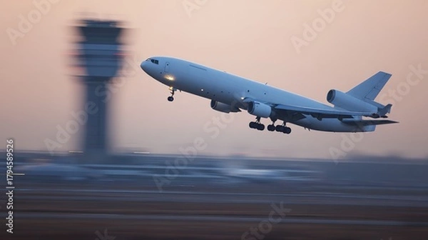 Fototapeta Airplane taking off, cargo jet with motion blur, near control tower at dusk, side view, copy space