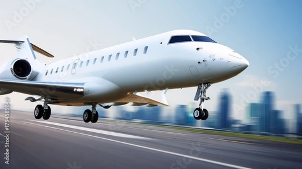Fototapeta Private jet taking off, luxury aircraft with motion blur, at city airport runway, front view, copy space