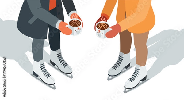 Fototapeta Isometric winter scene with ice skaters holding hot cocoa in cold weather clothing