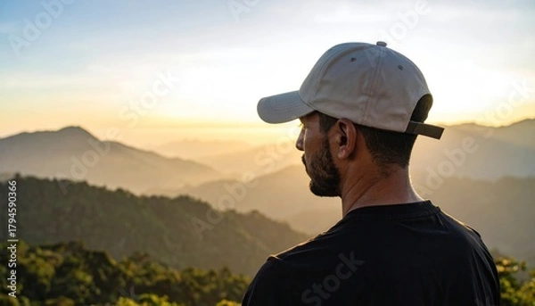 Obraz Man enjoying mountain view at sunset Outdoor adventure.