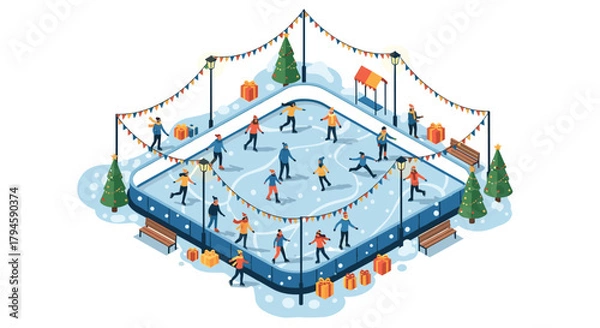 Obraz Festive ice skating rink scene with skaters, trees, and decorations