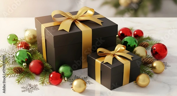 Fototapeta Christmas gift boxes with festive decorations and wrapped presents in red and gold