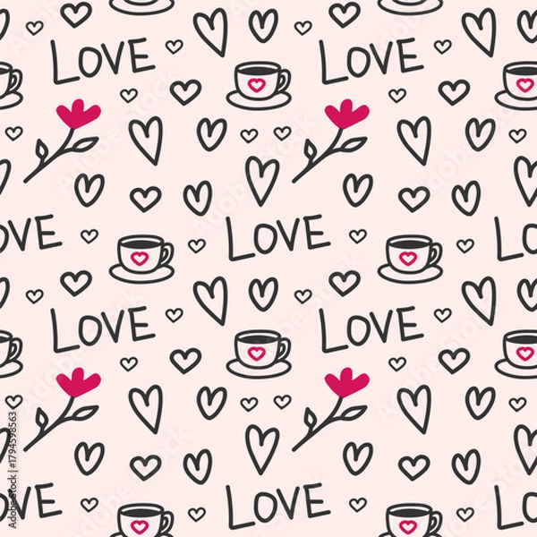 Fototapeta Seamless vector pattern with marker-drawn hearts, a cup of coffee and inscriptions on a beige background