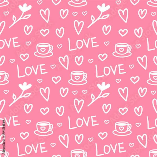 Fototapeta Romantic seamless vector pattern with hearts, cup of coffee and lettering on a soft  pink background
