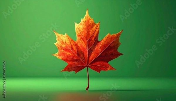 Fototapeta A detailed shot of a vibrant orange and red maple leaf against a soft green backdrop, studio-lit with gentle shadows