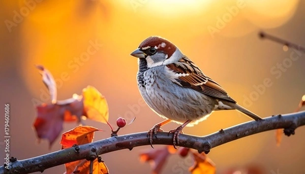 Fototapeta Small brown bird perches on a branch with fading red leaves bathed in warm sunlight, creating a serene, golden atmosphere
