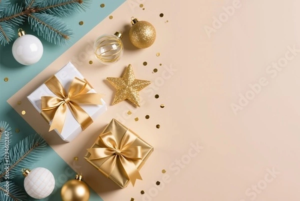 Fototapeta Christmas and New Year flat lay: golden and white gift boxes, festive ornaments, and blue spruce branches on a pastel beige and teal background. Copy space for text.