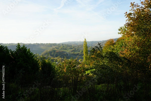 Fototapeta Scenic Autumn Landscape Of Rolling Green And Gold Hills With Distant Quarry Under A Bright Sky, Seen From Black Rocks, Cromford, Derbyshire.