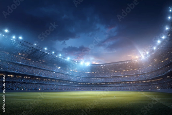 Fototapeta Vibrant illuminated football stadium at dusk filled with cheering crowd