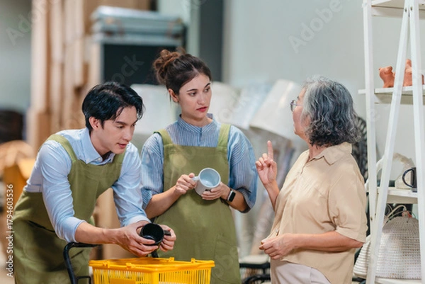Fototapeta Mother and Family Business Owner Teaching About Material Production and Recycling