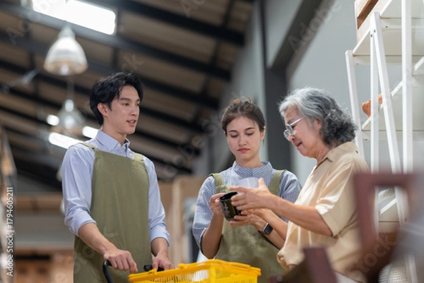 Fototapeta Mother and Family Business Owner Teaching About Material Production and Recycling
