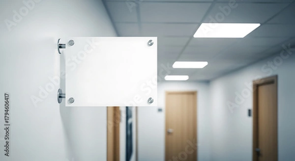 Obraz Blank white sign hanging on a wall in a modern office hallway.