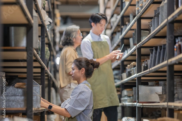 Fototapeta Mother and Family Business Owner Teaching About Material Production and Recycling
