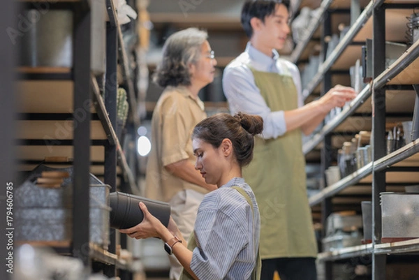 Fototapeta Mother and Family Business Owner Teaching About Material Production and Recycling