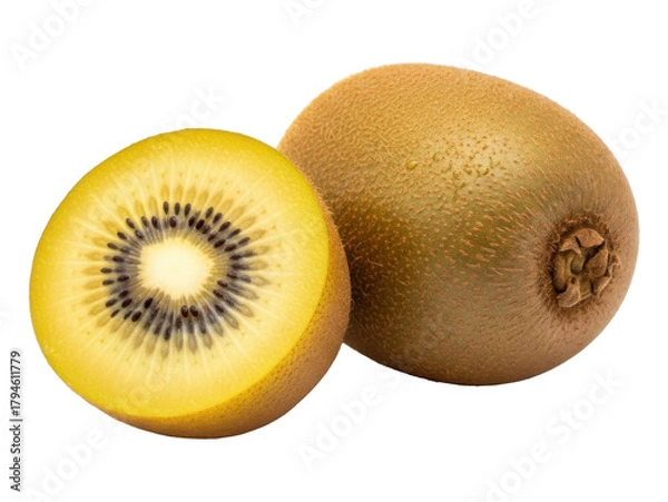 Obraz Close-up shot of a golden kiwi fruit, one cut in half, showing the inside.