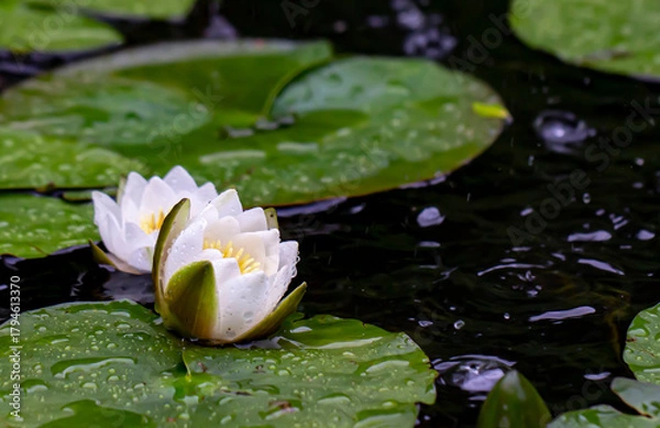 Obraz white water lilies photographed during the rain. blurred background. colorful flower photo. natural nature. close-up. natural lighting.