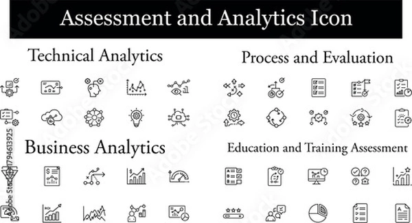 Fototapeta Assessment and analytics icon set, including technical analytics, process and evaluation, business analytics, and education and training assessment