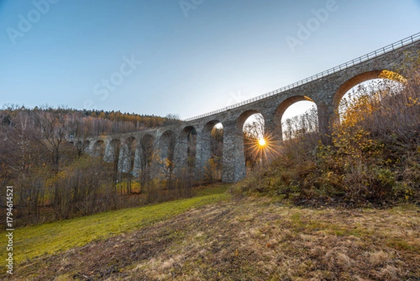 Obraz Kristofovo Udoli Railway Viaduct Surrounded by Colorful Autumn Trees at Sunrise with Warm Morning Light Shining Through the Valley Near Liberec in Northern Czech Republic Scenic Landscape Architecture