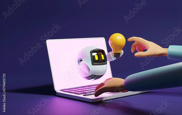 Fototapeta 3D Cartoon Robot Emerging from Laptop Screen Holding Idea Light Bulb, AI Creative Solution Concept