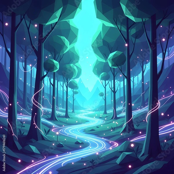 Obraz Magical Glowing Forest Landscape in Low Poly or Geometric Style.