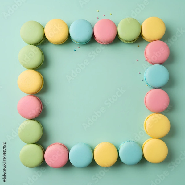 Obraz Square Frame of Colorful Pastel Macarons on a Mint Green Background