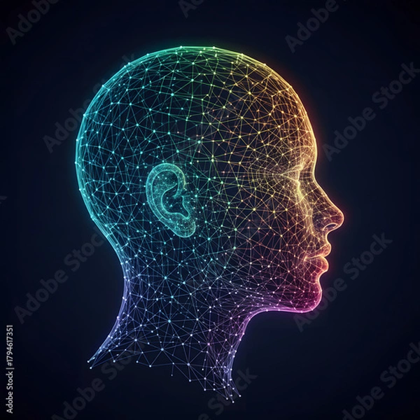 Obraz Polygonal Wireframe Human Head Profile with Rainbow Gradient on Dark Background.