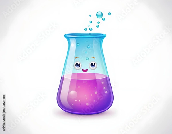 Obraz Cute Cartoon Erlenmeyer Flask or Chemistry Test Tube Mascot with Bubbles.