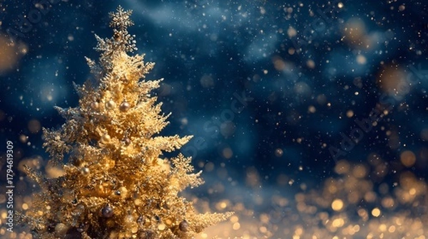 Fototapeta Enchanting Golden Christmas Tree with Sparkling Crystal Gems and Exquisitely Crafted Snowflake Patterns