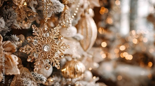Fototapeta Intricately Embellished Festive Golden Christmas Tree with Shimmering Gems and Elaborate Snowflake Ornaments