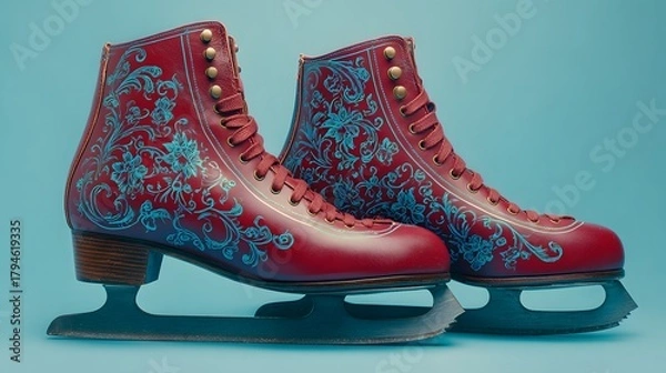 Fototapeta Sophisticated Vintage Classic Ice Skates in Bold Crimson with Understated Azure Details Set Against a Uniform Backdrop Exuding Timeless Elegance