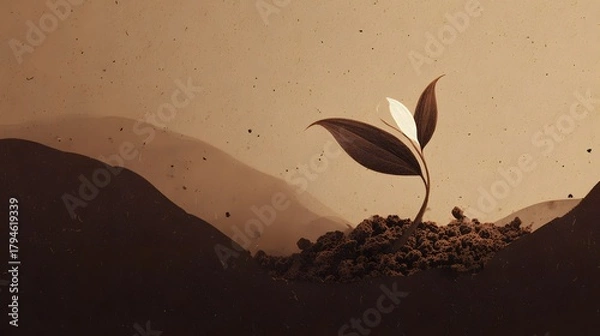 Fototapeta Exquisitely Rendered Minimal Flat Illustration of a Delicate Sprout Emerging from Rich Soil with an Eco-Friendly and Contemporary Design