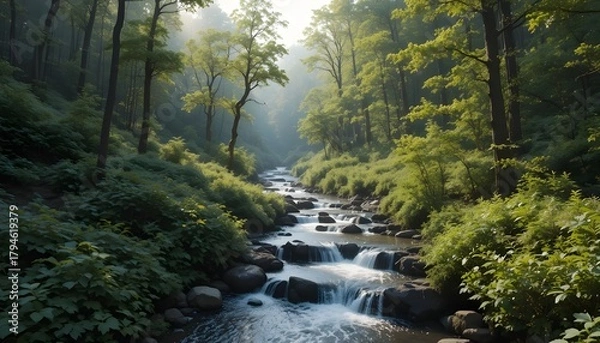 Obraz Peaceful Forest Stream Flowing Through Lush Greenery in a Serene Nature Landscape Wallpaper Scene