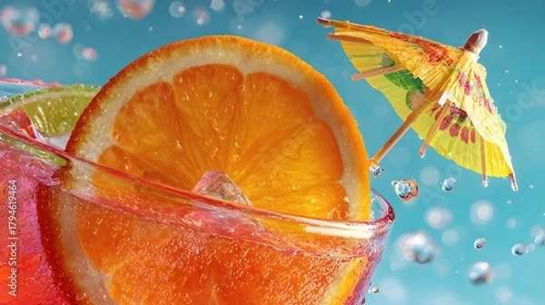 Fototapeta Intricately Detailed Colorful Cocktail Composition Featuring a Fresh Orange Slice and Miniature Beach Umbrella in a Shimmering Liquid