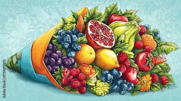 Fototapeta Elaborate Modern Vector Illustration of a Fresh Fruit Bouquet with Vivid Outlines and Harmonious Textured Color Display