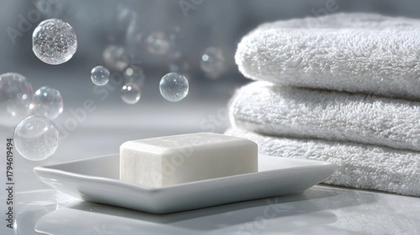 Fototapeta Detailed Modern Bathroom Hygiene Scene Showcasing Pristine White Soap, Organized Towels, and Delicate Bubbles to Emphasize Cleanliness and Rejuvenation in a Serene Environment