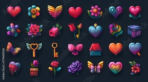Fototapeta Vibrant Colorful Gradient Romantic Icon Set Featuring Hearts, Flowers, Wings, and Key Details for Valentines Digital Design