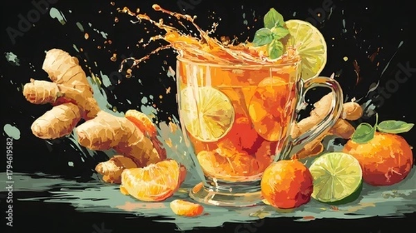 Fototapeta Lively Vector Rendering of Ginseng and Honey Tea with Citrus Slices in Multicolored Hues Representing Vitality and Balance